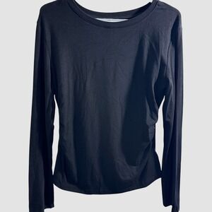 Darong Womens XL Black Long Sleeve Side Ruched Scoop Neck Top Rayon Spandex NWT